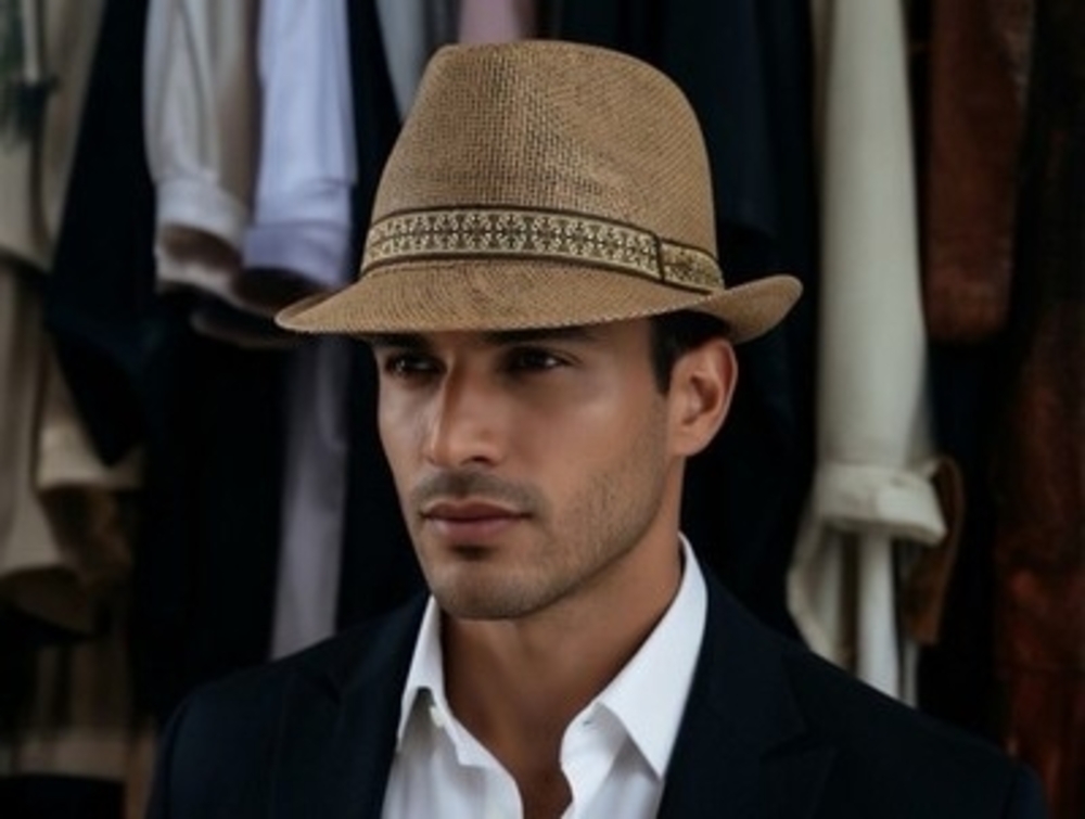 Mens Tan Brown Gold Banded 100% Straw Short Brim Fedora Hat Sz 62cm Barely Worn - Picture 7 of 7